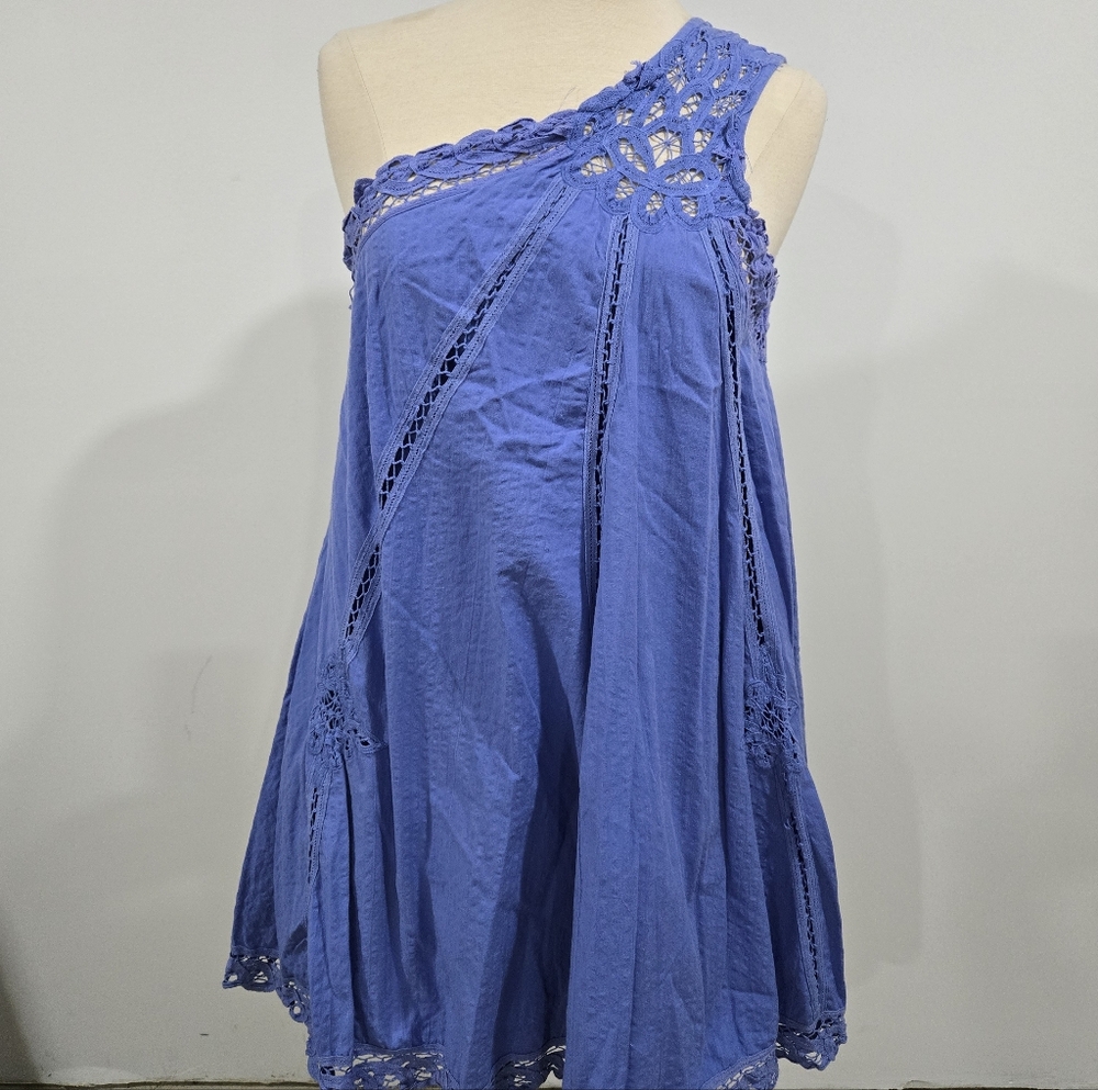 Free People Indigo Blue Lace-Trimmed 100% Cotton Sun Dress